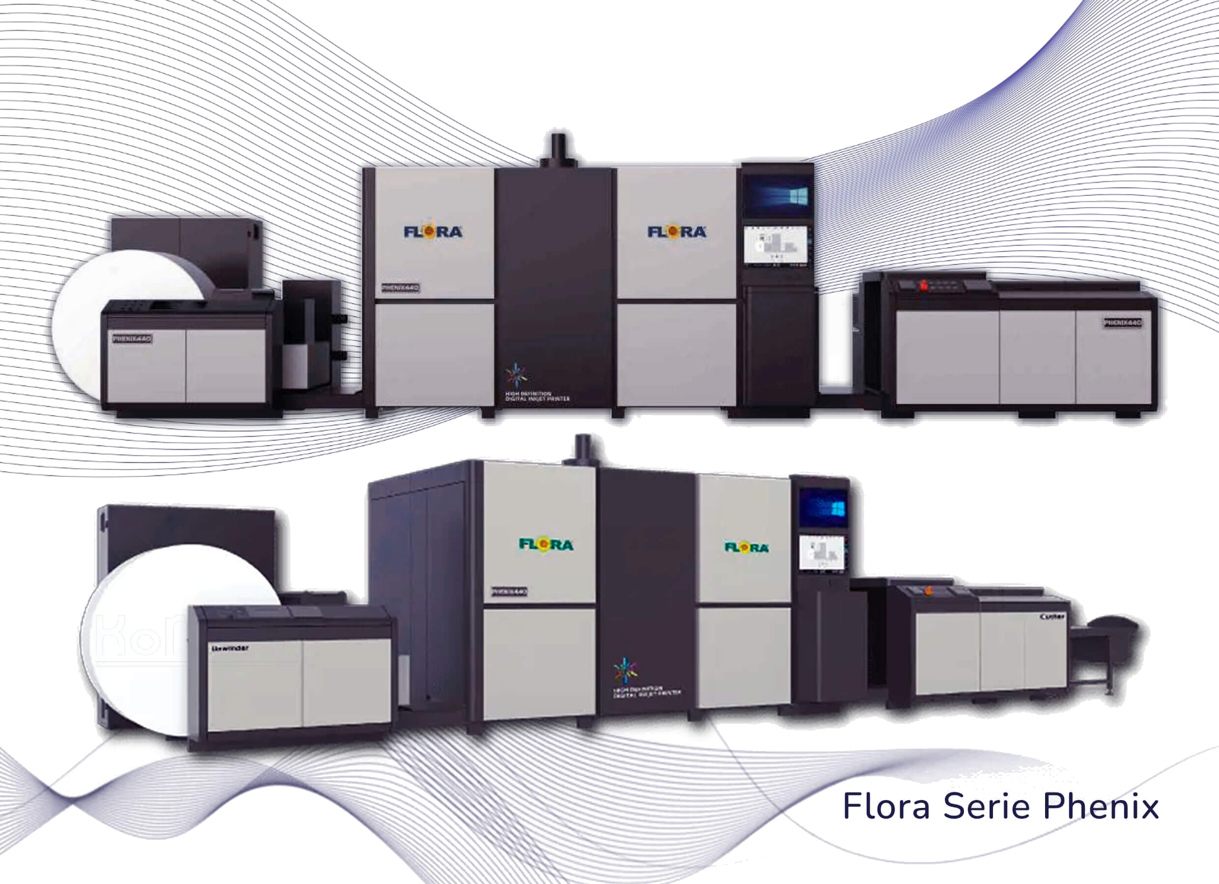 Impresora Flora Serie Phenix — dos configuraciones del sistema de impresión inkjet industrial para datos variables, mostrando desbobinador, módulos impresores Flora con consola de control y cortadora de salida