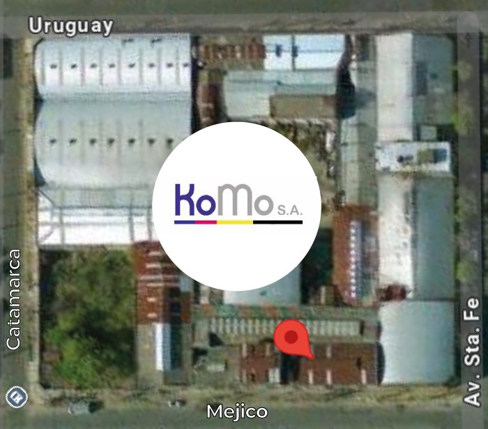 Vista aérea de la planta de KoMo en Méjico 175, Avellaneda — entre las calles Uruguay, Catamarca y Av. Sta. Fe